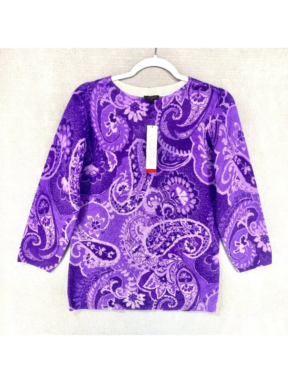 Talbots Cashmere Sweater Womens M Purple Paisley 3/4 Sleeve Pullover NWT
